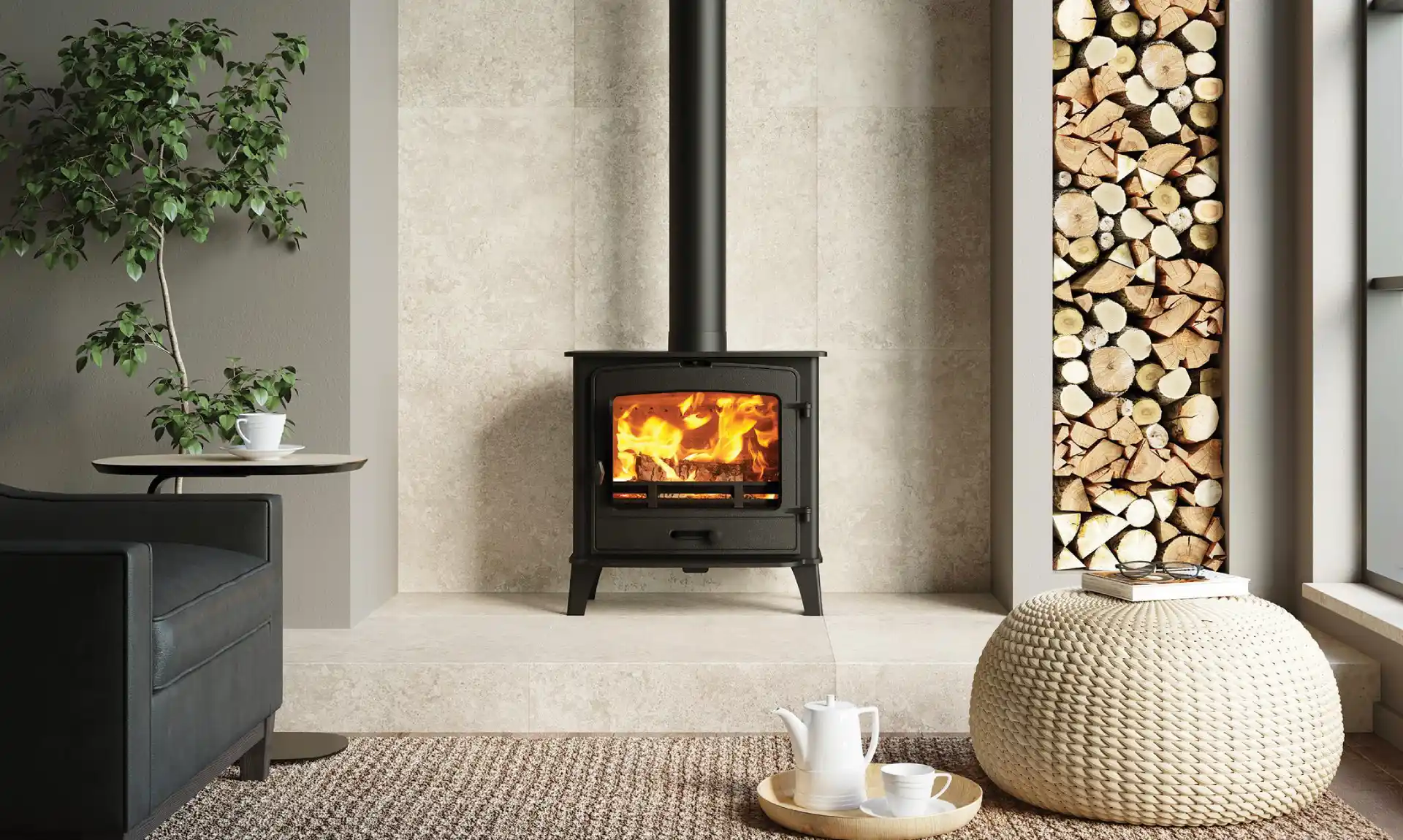 Poêle à bois Stovax dans un salon cosy