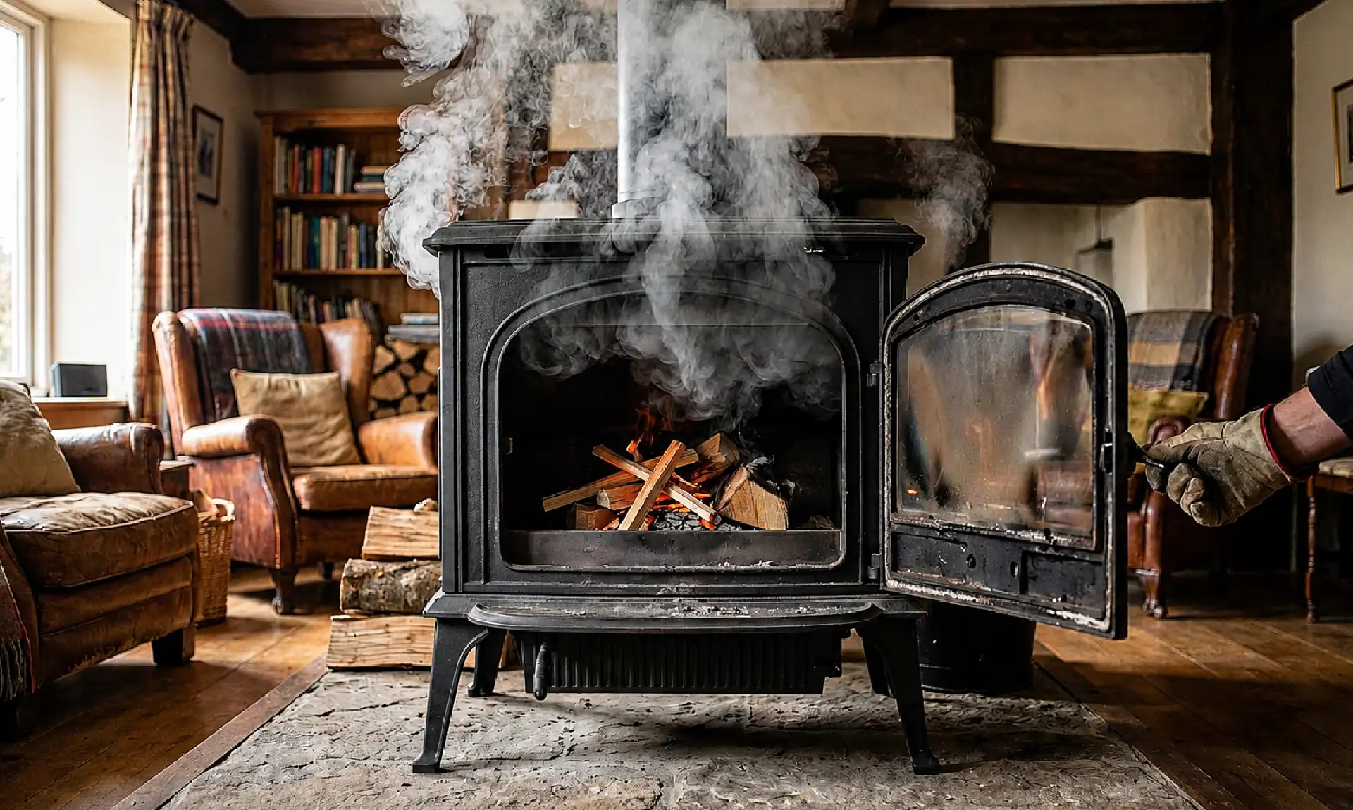 Poêle à bois ancien qui fume à l'intérieur d'une maison
